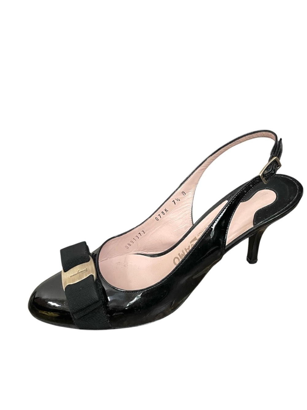 Salvatore Ferragamo Vera Black Patent Vara Bow Slingback Heel 7.5